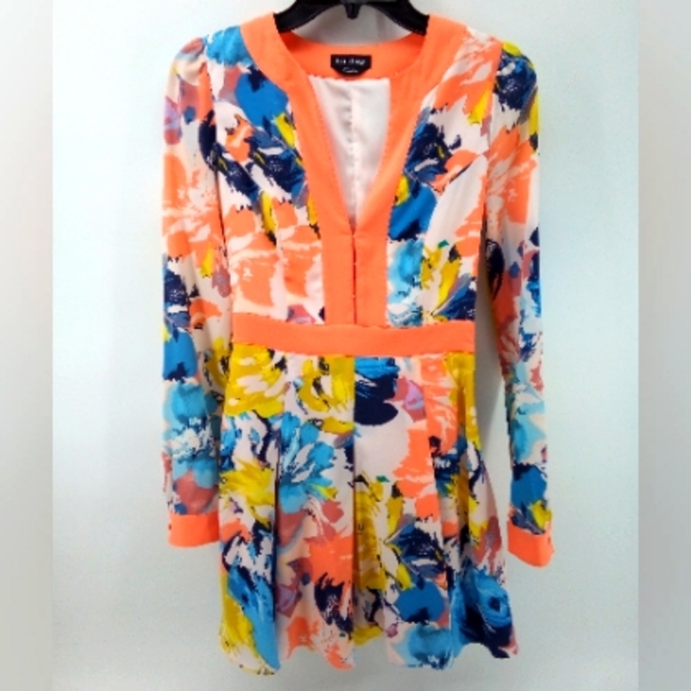 bebe Floral Orange Blue Long Sleeve Lined Dress 0 Hidden Zipper Watercolor
